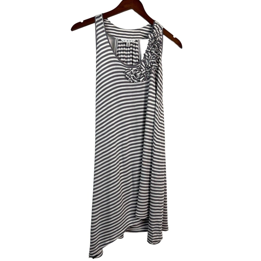 Cabi Striped Ruffle Neck Tank Dress‎ Womens XS Gray White Sleeveless Tunic